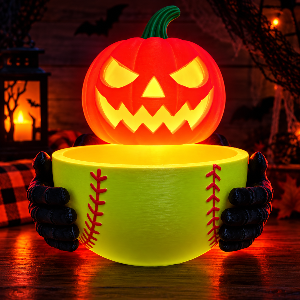 Softball Jack-O'-Lantern Candy Bucket - Halloween Softball Decor