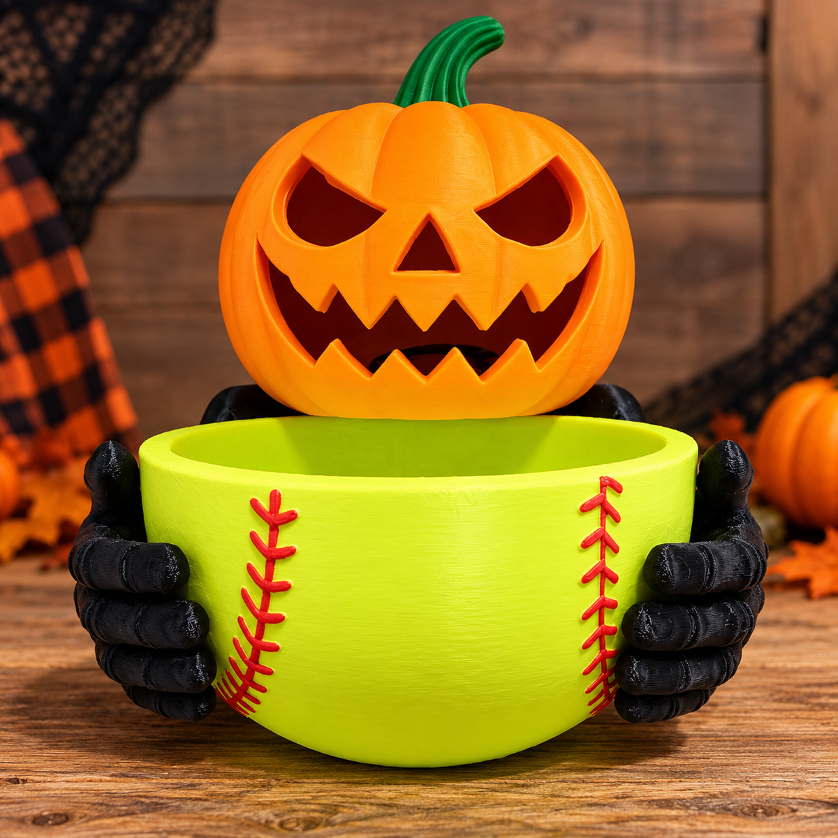 Softball Jack-O'-Lantern Candy Bucket - Halloween Softball Decor