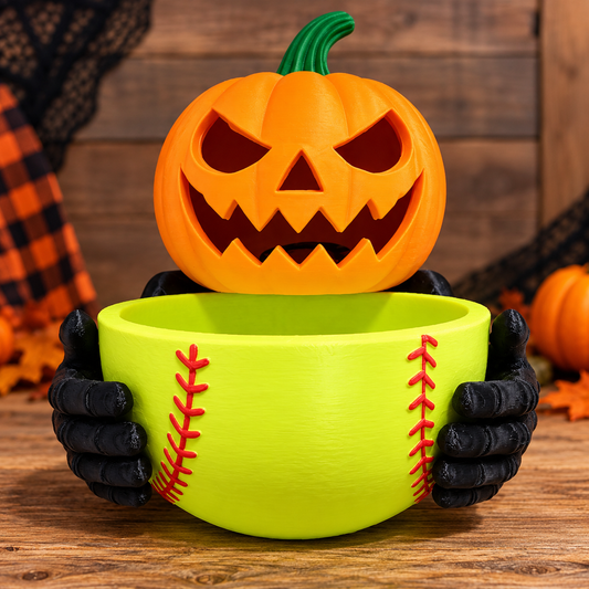 Softball Jack-O'-Lantern Candy Bucket - Halloween Softball Decor